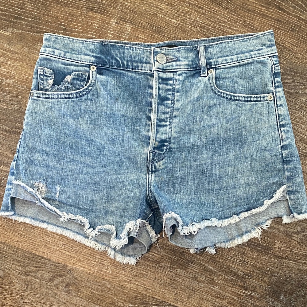 Express Blue Frayed Hem Jean Shorts